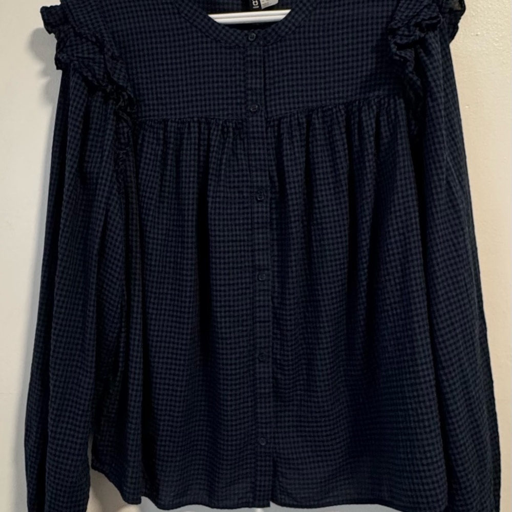 H&M Navy Gingham Ruffle Shoulder Button-Up Blouse XL - Picture 8 of 9
